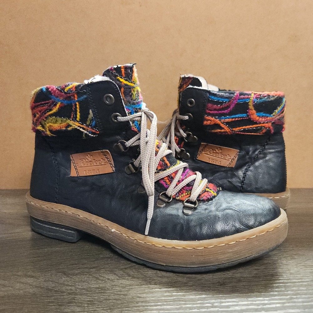 Women's Rieker Leather Ankle Boots US Size 8 EU 38 Colorful Knit Hiking Boots
